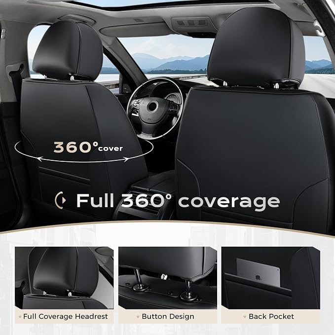 Coverado Car Seat Covers, Leather Seat Covers Full Set, Waterproof Car Seat Protector with Lumbar Support, Automotive Seat Covers Seat Cushions Universal Fit for Most Cars SUV Trucks, (Black&Beige)