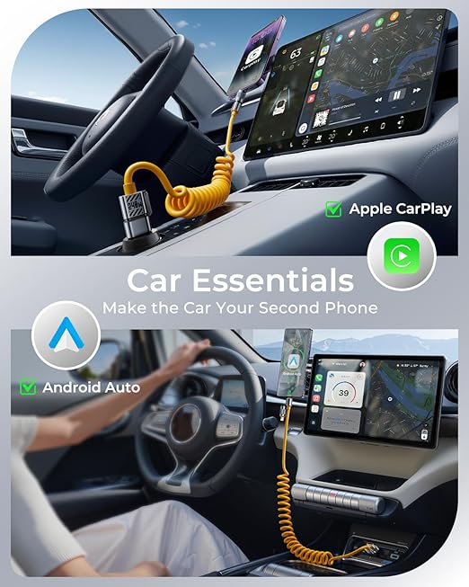 4-in-1 Coiled USB C Cable for Car 5FT [240W Fast Charging] Compatible with Lightning Cable [CarPlay & Android Auto] Multi Charger Cord Combo with L/Type C/USB A Ports for iPhone/iPad (Yellow)