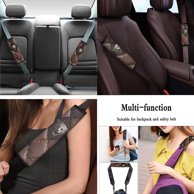 Leopard Print Auto Seat Covers Non Slip Steering Wheel Cover Seatbelt Pads Universal Fit for Cars Trucks SUVs Breathable Car Seat Cover Full Set, Brown