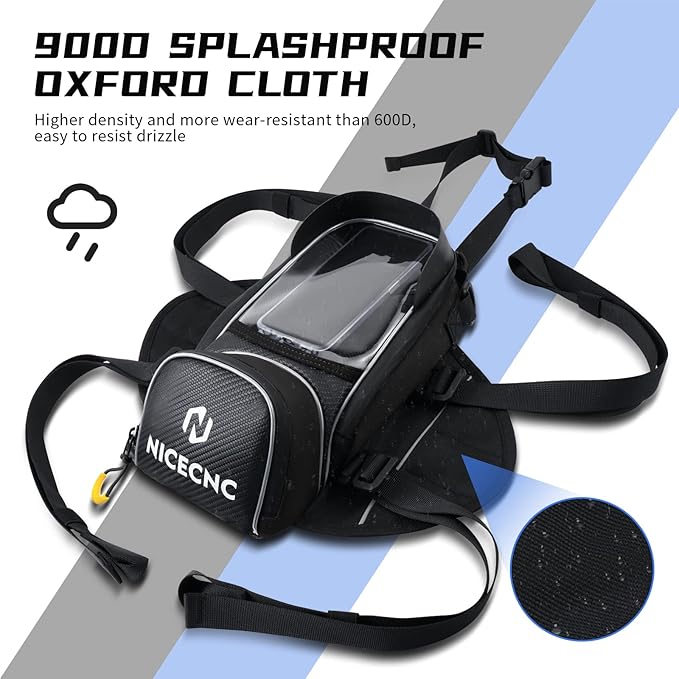 NICECNC Motorcycle Gas Tank Bag Magnetic, 6 Magnets & 5 Straps Reinforced, Detachable Anti-slip Base Portable, Dirt Bike Tank Bag Storage Bag Muti-functions for Men Women Cycling Hiking Camping, Black