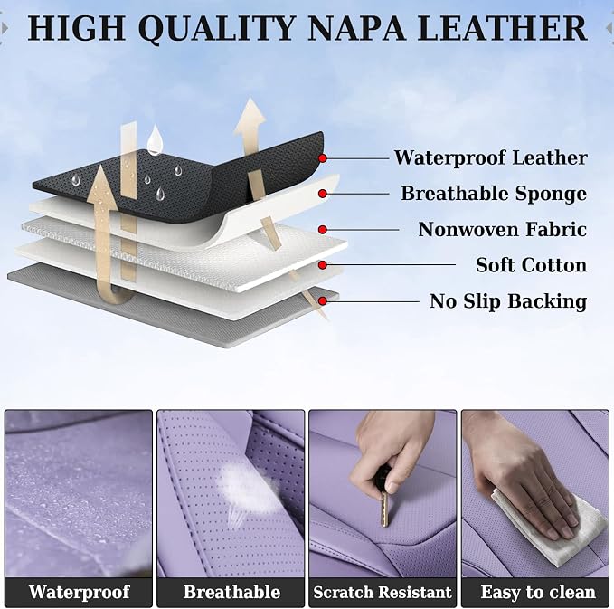 Coverado Universal Seat Covers Full Set, Universal Seat Covers for Cars, 5 Seats Waterproof NAPPA Leather Car Seat Covers with Head Pillow, Auto Protectors Fit for Most Sedans SUV Pick-up Truck-Purple
