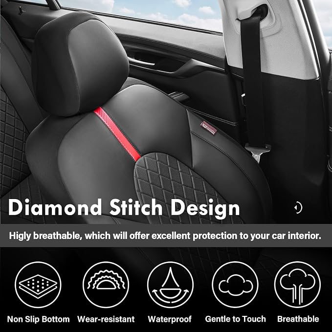 Coverado Car Seat Covers Full Set, Waterproof Front Seats Back Seat Cover, Leather Seat Cushion Universal Fit for Most Cars (Black-Red)