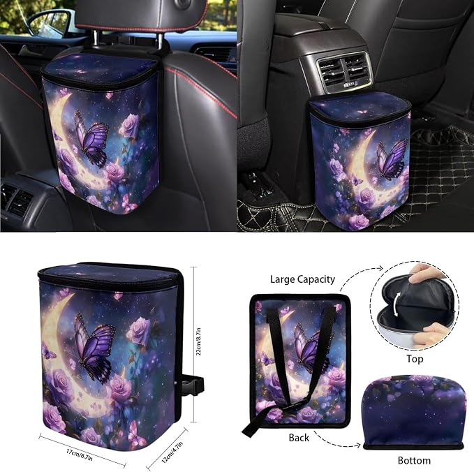 Purple Moon Galaxy Butterfly Car Seat Covers Full Set 15 Pcs Universal Car Accessories Steering Wheel Cover Seat Belt Pads Garbage Bag Car Headrest Pillow Covers Armrest Pad