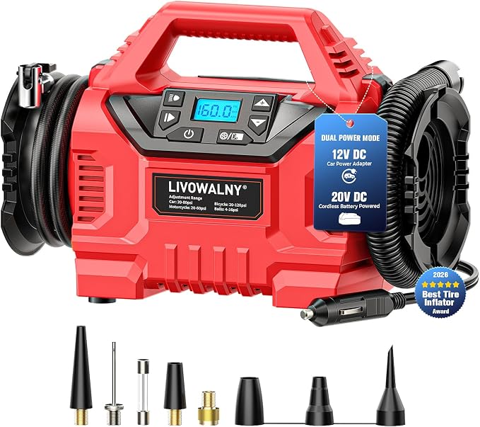 LIVOWALNY 3X Faster Cordless Tire Inflator Air Compressor Pump Compatible with Milwaukee 18V Battery, 160PSI 12V DC/18V DC with Pressure Gauge & Deflator for Car, Air Mattresses (Tool Only)