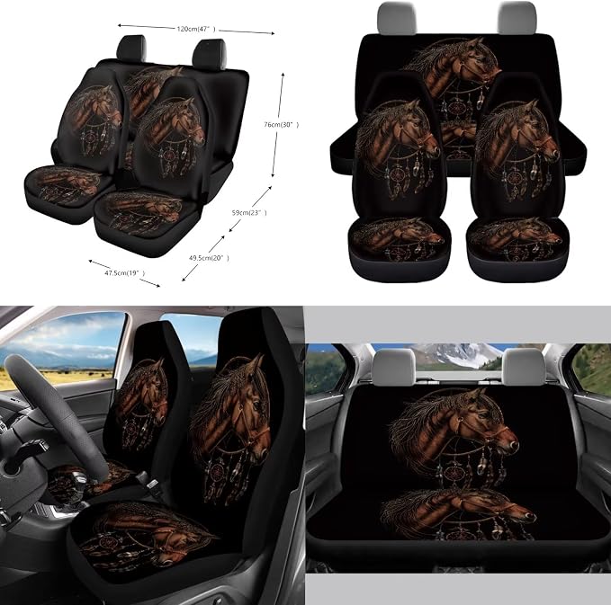 Horse Dreamcatcher Pattern Auto Seat Covers Full Set 10pcs Car Accessories Front and Back Seat Covers Car Trash Can Steering Wheel Cover Air Ven Storage Bag Keychain Cup Coasters