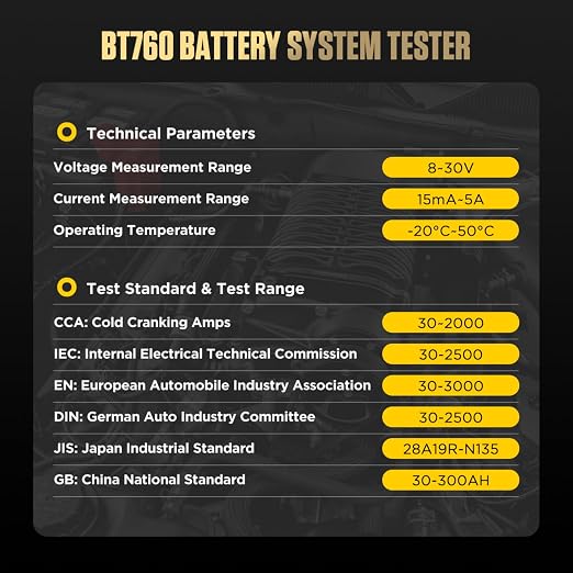 Battery Testers BT760 Automotive Battery System Testers 8V-32V Car Battery Analyzer with Battery/Load/Cranking/Charging Test,Data Printing,3 Rolls Printer Paper for Vehicles,HD,Trucks,Motorcycles
