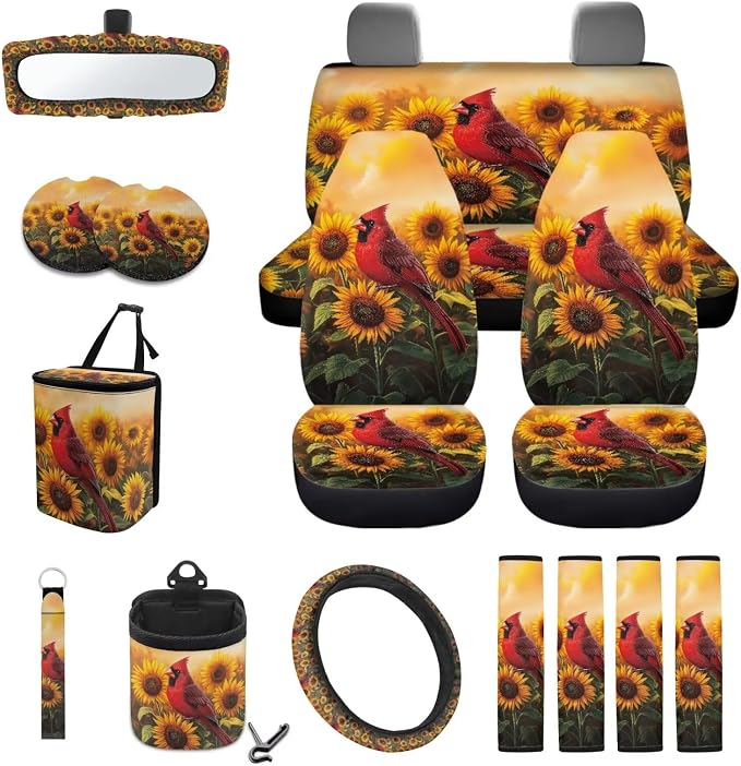 Cardinal Sunflower Pattern Car Accessories Set of 15, Full Set Seat Covers for Cars Steering Wheel Cover Seat Belt Cushion Car Trash Can Air Vent Storage Bag Cup Coasters Universal Fit