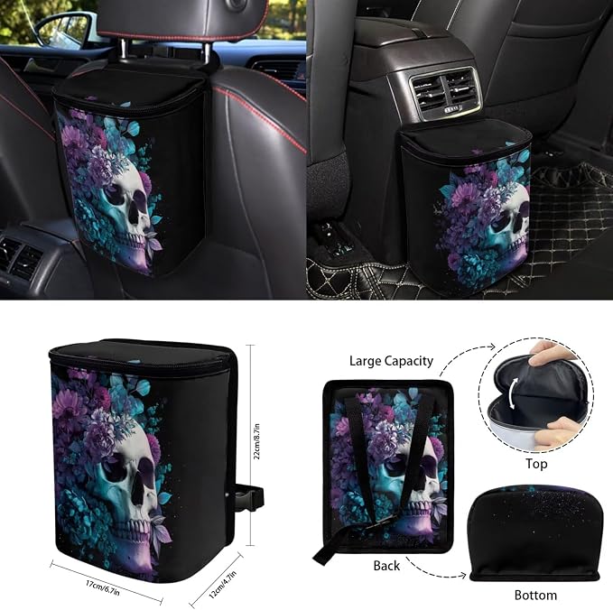 15 Pcs Floral Skeleton Auto Interior Accessories Car Seat Covers with Auto Steering Wheel Cover Seat Belt Covers Car Trash Can View Mirror Cover Coaster Keychains