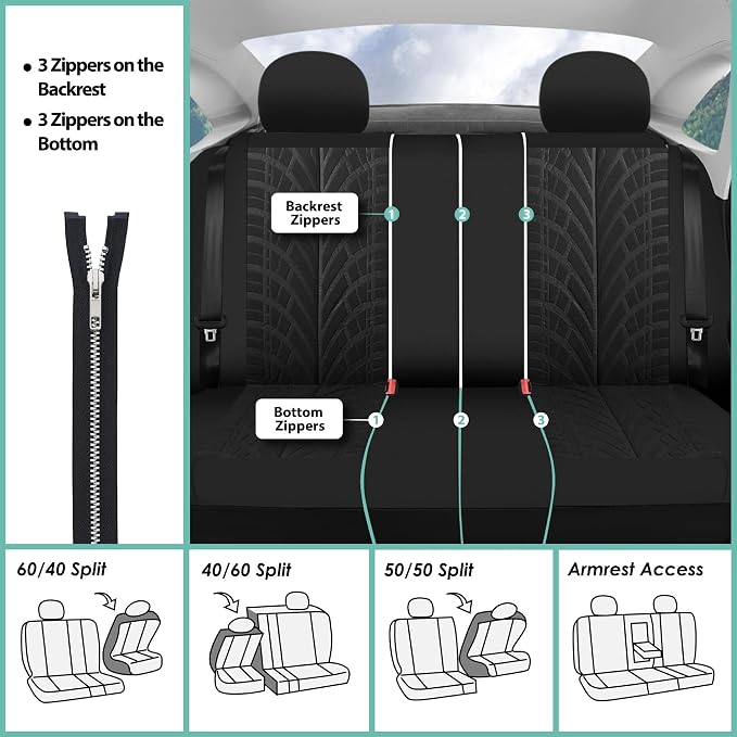 FH Group FB071115 + F11306 Travel Master Seat Covers (Black) Full Set – Universal Fit for Cars Trucks and SUVs