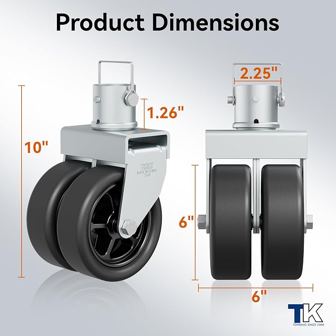 2,500lbs Dual 6" Trailer Jack Swivel Caster with Upgraded Spoked Wheels and Reinforced Bracket, Silver