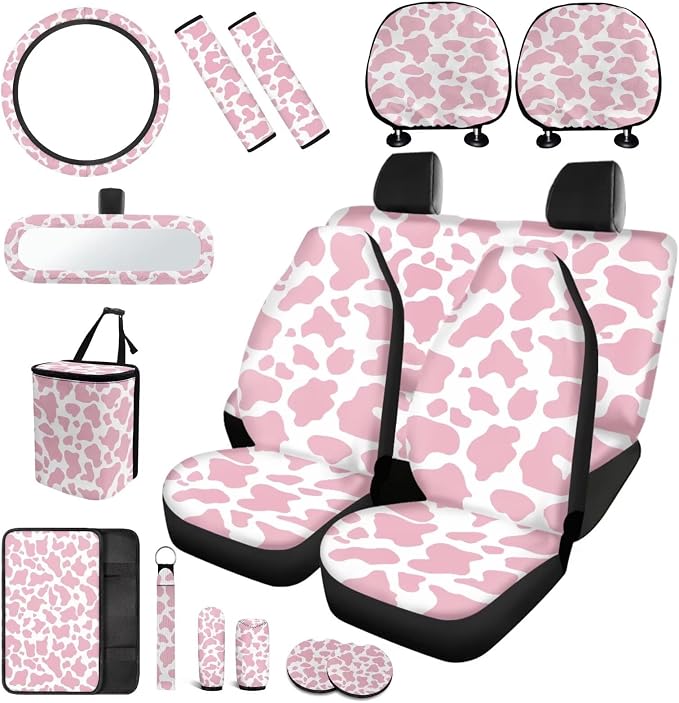 17 Pieces Pink Cow Print Car Seat Covers Full Set with Front and Split Rear Bench,Cow Print Car Accessories with Headrest Covers,Vehicle Trash Bag Universal Car Interior Decor,Fit Truck SUV