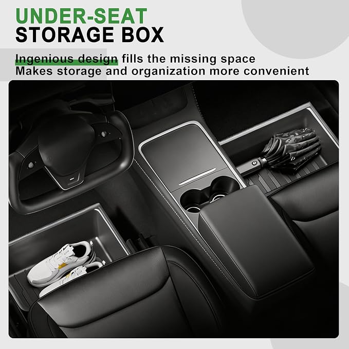 2PC Under Seat Storage Box for Model Y Juniper | 2PC hidden under-seat organizers with lids. Fits 25-26 Model Y Juniper. No-slide design keeps cabin neat and rattle-free.