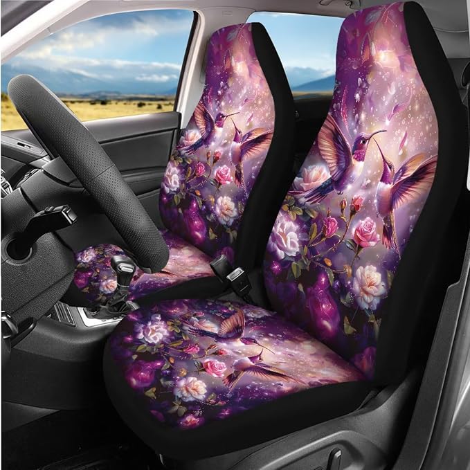 8 Pcs Hummingbird Rose Print Car Interior Accessories for Women, Car Seat Covers with Auto Steering Wheel Cover, Auto Center Console Pad, Seat Belt Covers, Automotive Decorations