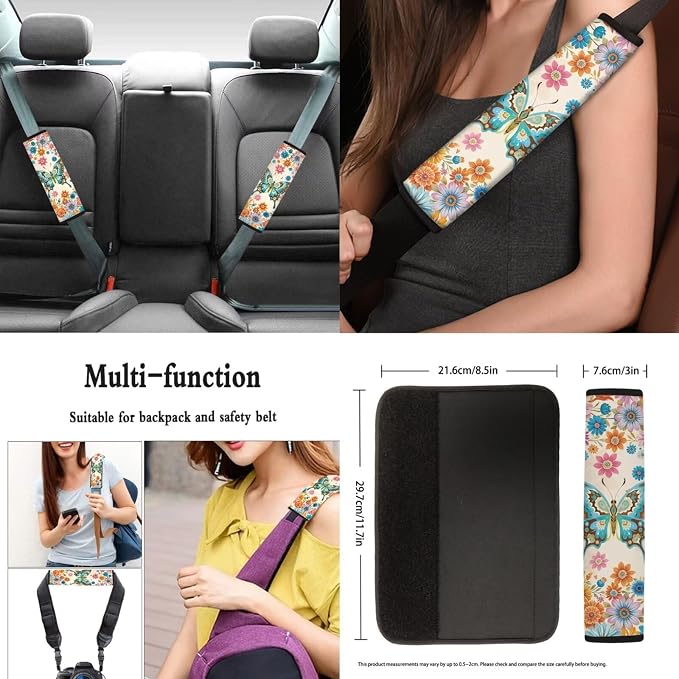 Car Accessories Car Seat Covers Full Set with Steering Wheel Covers+Seat Belt Pads+Coasters+Keychain+Lipstick Holder Universal Fit(13 Pack), Vibrant Boho Mandala Butterfly