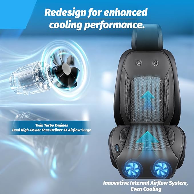 Cooling Car Seat Cover with 2 Powerful Turbo Fans, 12V-24V Ventilated Cooling Car Seat Cushion, 3-Speed Adjustable Breathable Cooling Seat Cover for Car SUV Truck Universal Fit (Grey 2)