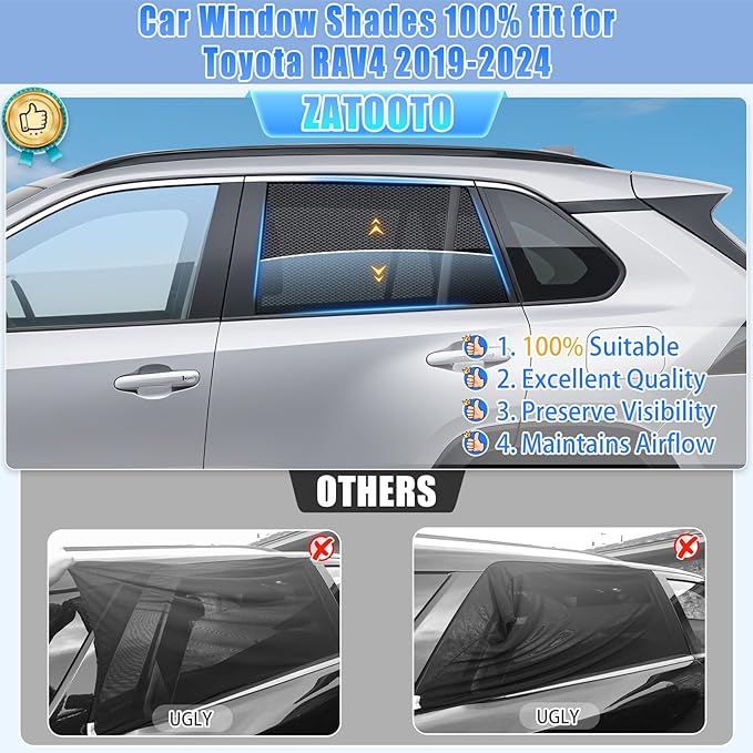 ZATOOTO Car Window Shades Toyota RAV4 2019-2024 for Rear Window | 2-Pack Baby & Pet Sun Shades | Blocks 99% UV & Heat | Breathable Mesh Privacy Screen | Bug-Free Design for Camping & Travel