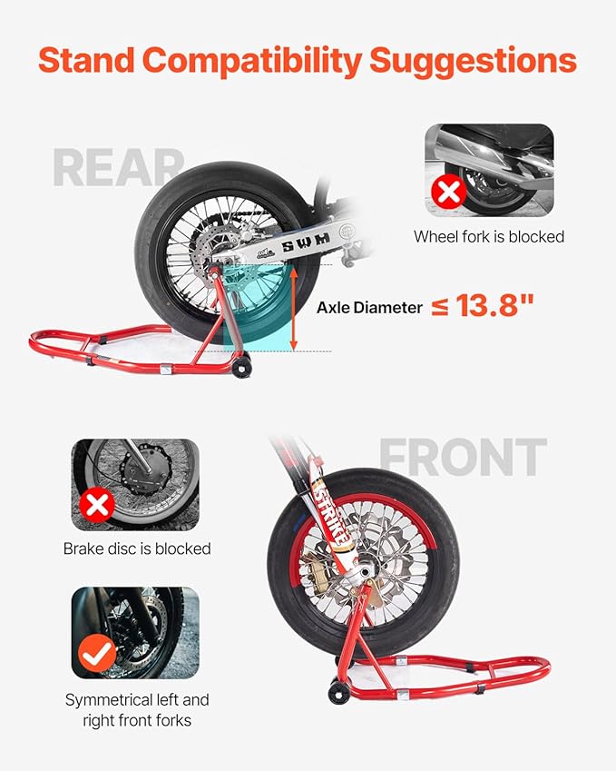 VEVOR Motorcycle Stand Lift, 850lbs Capacity Front Rear Combo Stand Lift, Front Wheel Dual-Fork Stand, Rear U+L Fork Swingarm Spool Stand, for Most Yamaha Honda Kawasaki Suzuki Motorcycles, Red