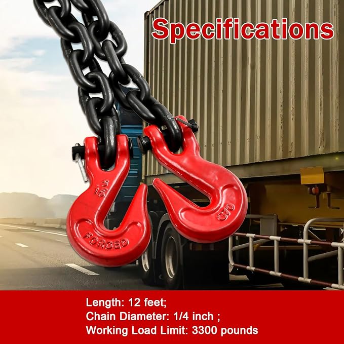 Heavy Duty G80 Transport Binder Chain 5/16'' Inch x 20 Feet,Tow Chain with G70 Clevis Grab Hooks,4900 lbs Safe Working Load Logging for Transporting, Towing(5/16'' x 20FT Black).