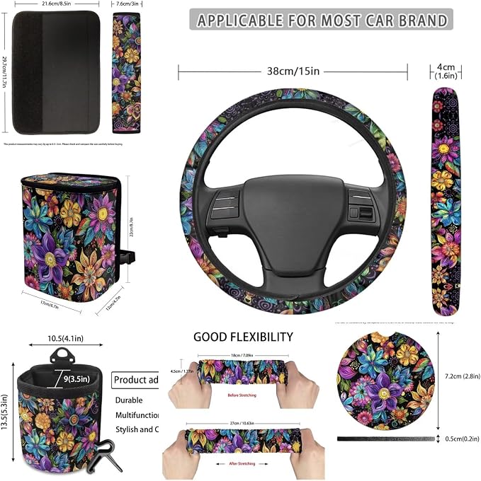 Dreaweet Boho Floral Car Seat Covers Full Set for Women Flower Car Accessories Set 15 Pcs Car Steering Wheel Cover Seat Belt Pad Trash Bag Vent Storage Bag Rearview Mirror Cover Car Coasters Keychain