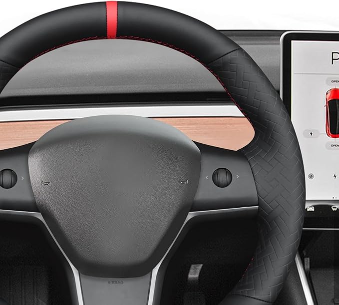 MEWANT Hand Stitch Black Woven Embossed Artificial Leather Steering Wheel Cover for Tesla Model Y 2023 Model 3 2017-2023