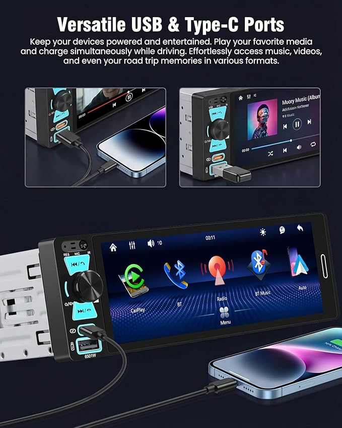 Single DIN Car Radio with Bluetooth Connection, 1 DIN Car Stereo Wireless Apple CarPlay with 6.5" HD in-Cell Touch Screen, FM/AM/RDS, USB + Type-C Ports, Remote Control, SWC, Backup Camera