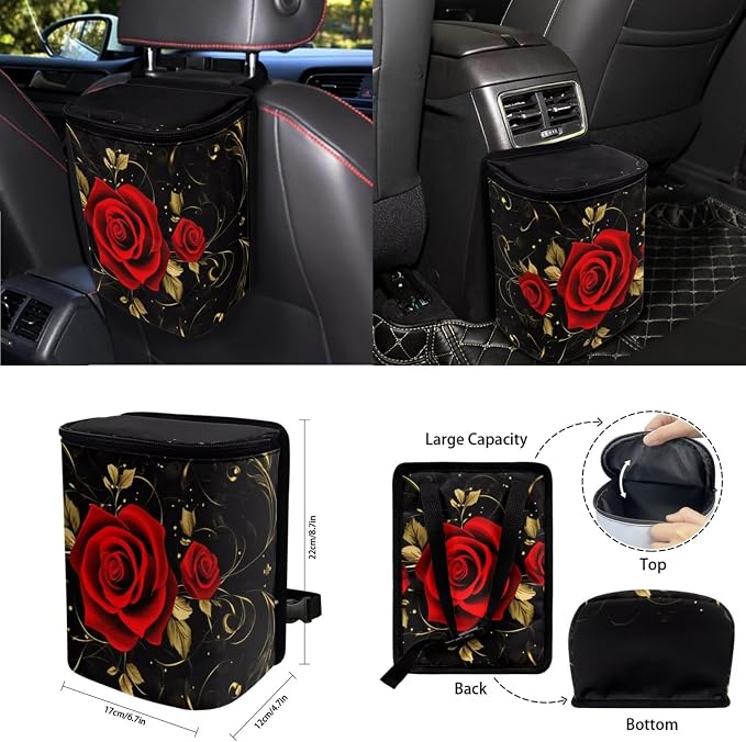 Red Rose Car Seat Covers Full Set for Women with Steering Wheel Cover Seat Belt Cover Pad Cup Car Coasters Trash Can Car Headrest Pillow Covers Armrest Pad,15 Pcs Set