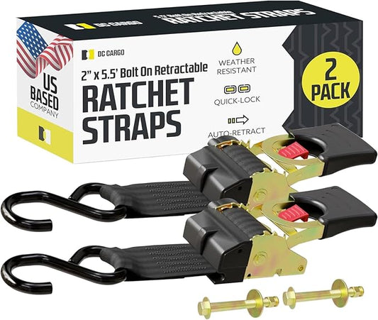 DC Cargo Mall Bolt-on Auto Retractable Ratchet Straps (2-Pack) 2” x 5.5ft, Super Heavy Duty, 4,033lb Break Strength – Tie Down Straps for Boat, Jet Ski, RZR, ATV