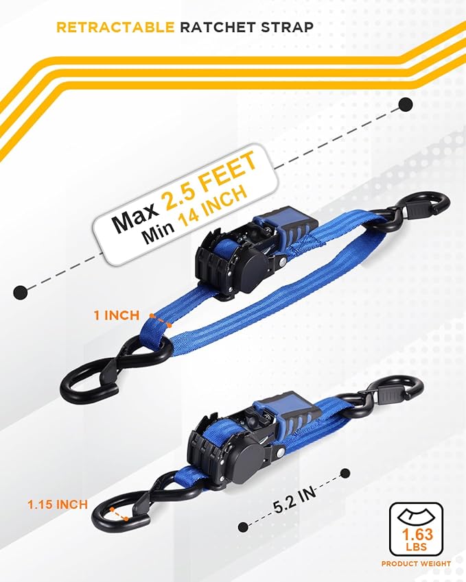 Strapinno Retractable Ratchet Straps - 1 in x 2.5 ft Heavy Duty Adjustable Boat Transom Tie Down, 2PCS, 2400lbs Breaking Strength, Safety S Hooks, For Boat, Jetski, Seadoo, Waverunner, and PWCs (Blue)