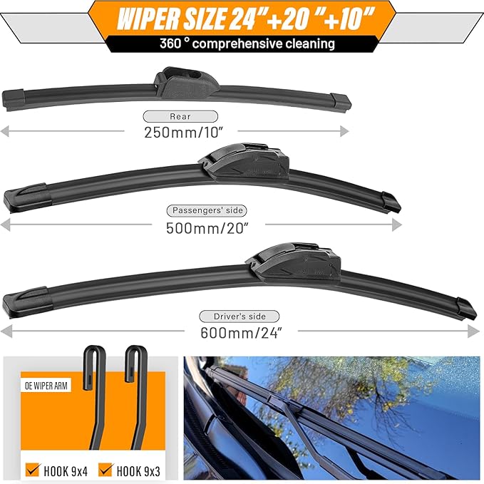 AUTOBOO 24"+20" Windshield Wipers with 10" Rear Wiper Blade Sets Replacement for Kia Soul 2020 2021 2022 2023 2024 2025 -Original Factory Quality (Pack of 3)