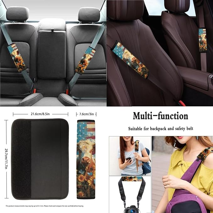 Xoenoiee American Flag Cow Butterfly Sunflower Car Seat Covers and Accessories, Front Rear Seat Covers, Steering Wheel Cover, Seat Belt Pads, Coasters, Keychains for Car SUV Decor, 11 PCS Set