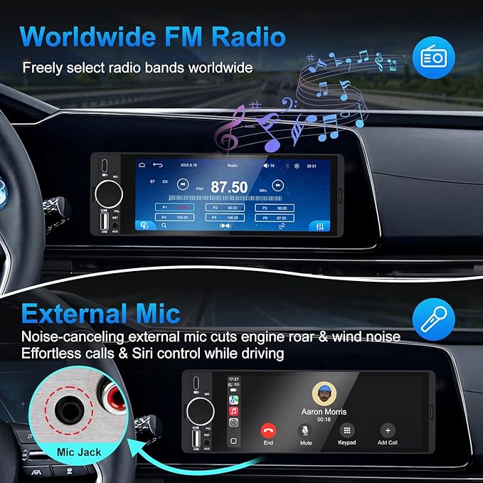 Single Din Car Stereo with Apple CarPlay & Android Auto, HD Touch CarPlay Screen, Backup Cam,Bluetooth, USB Type-C, SWC, EQ, FM Radio (with External Mic) (6.36 inch)