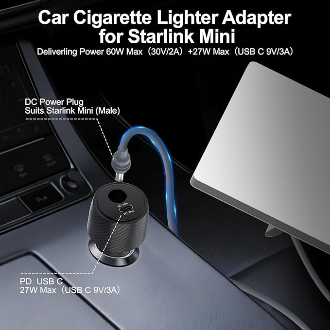 Starlink Mini Car Adapter with 3M Power Cable,2 in 1 Cigarette Lighter Adapter,Starlink Mini Step Up Booster[12-24V Input,36V/1.67A Output] Compatible with Car, RV,Truck,Boat