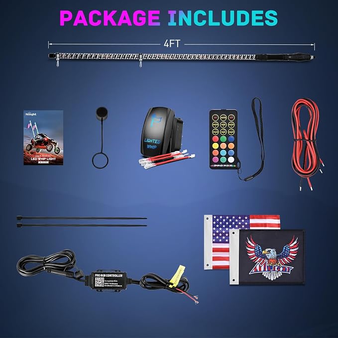 Nilight LED Whip Light 1 PC 4FT COB RGB Spiral Lighted Antenna with Spring Base, Bluetooth App & Remote Control DIY Chasing Patterns & Music Sync Safety Whips for ATV UTV RZR Polaris Can-Am Truck