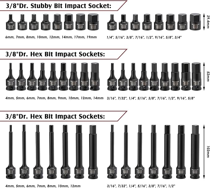 MIXPOWER 3/8" Drive Master Hex Bit Impact Socket Set, Solid One Piece Construction, Chrome Molybdenum Steel, 84 Pieces Set