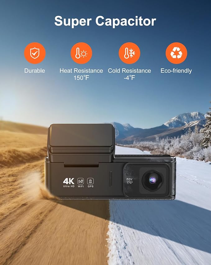 4K Dash Cam Front Rear, Dual Dash Camera for Cars Built in 5GHz/2.4GHz WiFi GPS Dashcam with G-Sensor 24H Parking Monitor Loop Recording WDR Night Vision 170° View Angle APP Control Free 64GB SD Card