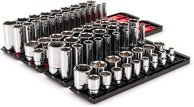 TEKTON 1/2 Inch Drive 6-Point Socket Set with Rails and Trays, 78-Piece (3/8-1-5/16 in., 10-32 mm) | SHD92215