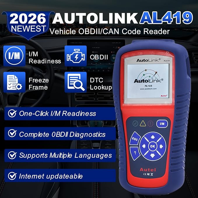 Autel AutoLink AL419 Vehicle OBDII/CAN Code Reader TFT Color Display Clears Codes and resets Monitors Views Freeze Frame Data DTC Definitions VIN