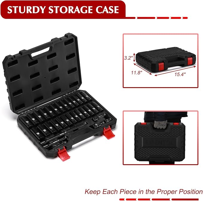 EMENTOL 32PCS 1/2" Drive Socket Set, Deep Impact Sockets, SAE(3/8"-1") and Metric(10-24mm), Including Extension Bars, Universal Joint, Drill&Socket Adapter, 12 Point Design, Cr-V Steel
