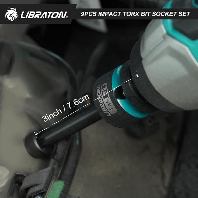 LIBRATON Impact Torx Bit Socket Set, 1/2" Drive, S2 Steel, 9PCS Impact Star Bit Socket Set (T30-T80), High Impact Torx Sockets, XPE Storage, Professional Mechanic and Automotive Repair