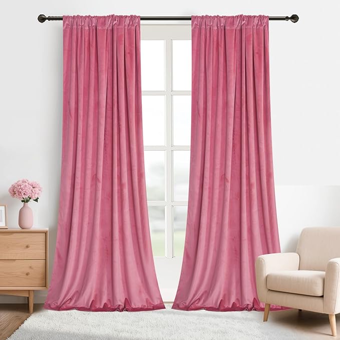 Roslynwood Luxury Soft Candy Pink Velvet Curtains 63 inches Long Back Tab Thermal Insulated Blackout Window Drapes for Living Room/Bedroom/Dining Room, W52 x L63, 2 Panels