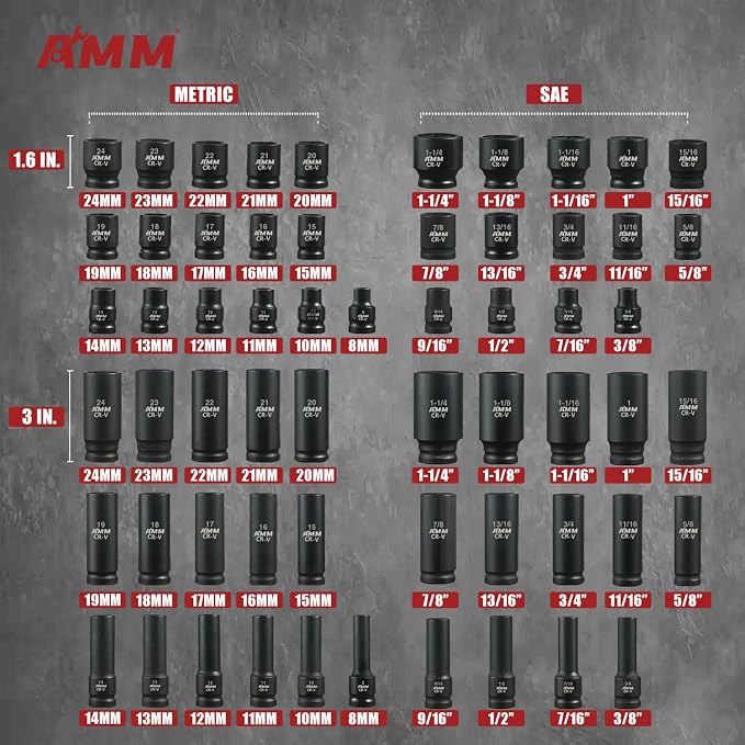 AMM 1/2-inch 66 Pieces Impact Socket Master Set, SAE & Metric from 5/16"-1-1/4",8-24mm, Shallow/Deep Socket Set with Ratched Hand, Extension Bar and Adapters，Cr-V steel