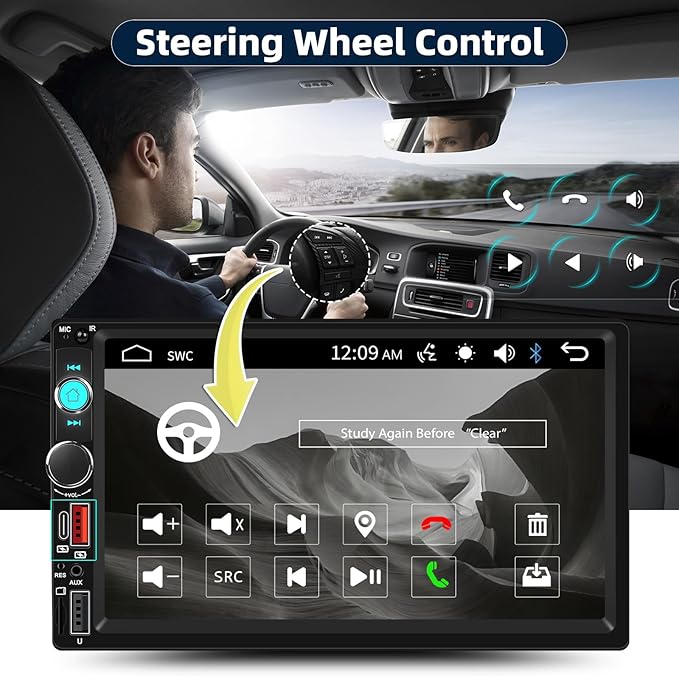 CAMECHO Double Din Car Stereo Radio 7 Inch MP5 Player with HD Touch Screen Multimedia Player with Bluetooth FM Receiver Support Mirrorlink SWC Type C AUX-in USB SD UI ColorLights