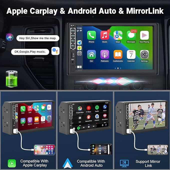 Leadfan Double Din Car Stereo with Dash Cam&Camera, Apple Carplay&Android Auto, 7 Inch Touchscreen Double Din Radio Car Audio Receivers, Bluetooth, Voice Control, MirrorLink, FM/USB/TF/AUX/Subwoofer