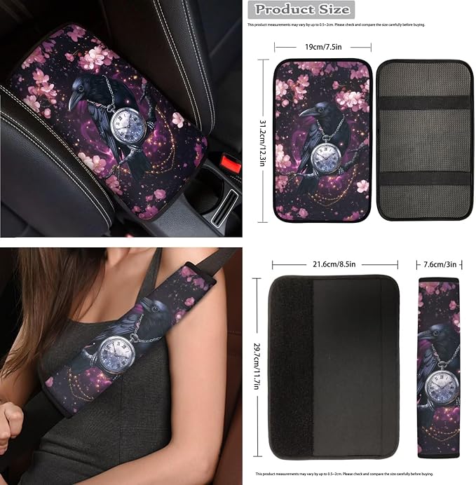 Purple Floral Moon Raven Car Seat Covers Full Set for Women Floral Car Accessories Steering Wheel Cover Seatbelt Pad Coasters Trash Can Car Headrest Pillow Covers Armrest Pad