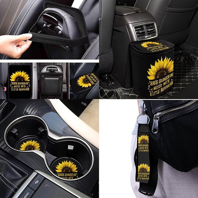 She's Sunshine Sunflower Car Seat Covers Set Full Set 17 Pack Sunflower Car Accessories Set with Cute Cow Print Steering Wheel Covers,Headrest Covers,Trash Container for Auto,Universal Fit