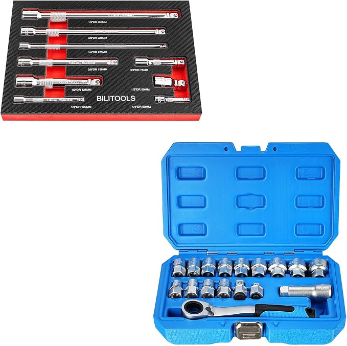 BILITOOLS 17-Piece Pass Through Socket Set, 3/8" & 1/2" Drive, Metric/SAE 10-24mm, Wobble Extension Set, Ratchet Wrench, Socket Adapter