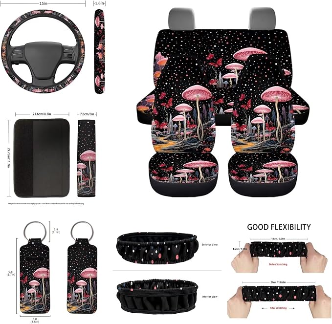Cottagecore Mushrooms Car Accessory Universal Fit Mushroom Car Seat Cover Car Seatbelt Pads Steering Wheel Cover Handbreak Gear Shift Cushion Keychain Durable Auto Interior Protector