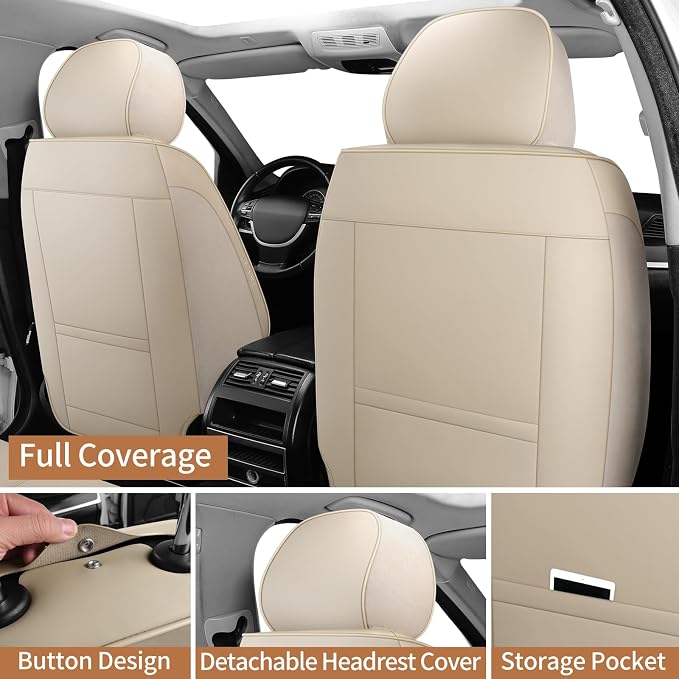 Leather Car Seat Covers Full Set Breathable Automotive Seat Covers Waterproof Seat Protectors Fit for Most Automotive Cars SUV Trucks Vehicle (Beige, Full Set)