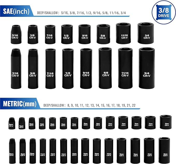 Reniteco 50-Piece 3/8" Drive Socket Set, SAE (5/16"-3/4") & Metric (8mm-22mm), Deep & Shallow, 72-Tooth Ratchet Wrench, Extension Bars, 1/2" F to 3/8" M Reducer, Universal Joint & Power Drill Adapter