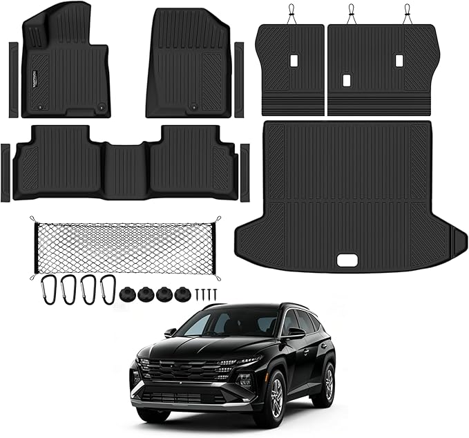Tongama-Floor Mats for 2022-2025 2026 Hyundai Tucson Gas, All Weather TPE Trunk Mat and Backrest Mats Protector and Cargo Net and Door Sill Guards for Hyundai Tucson Floor Liner Accessories